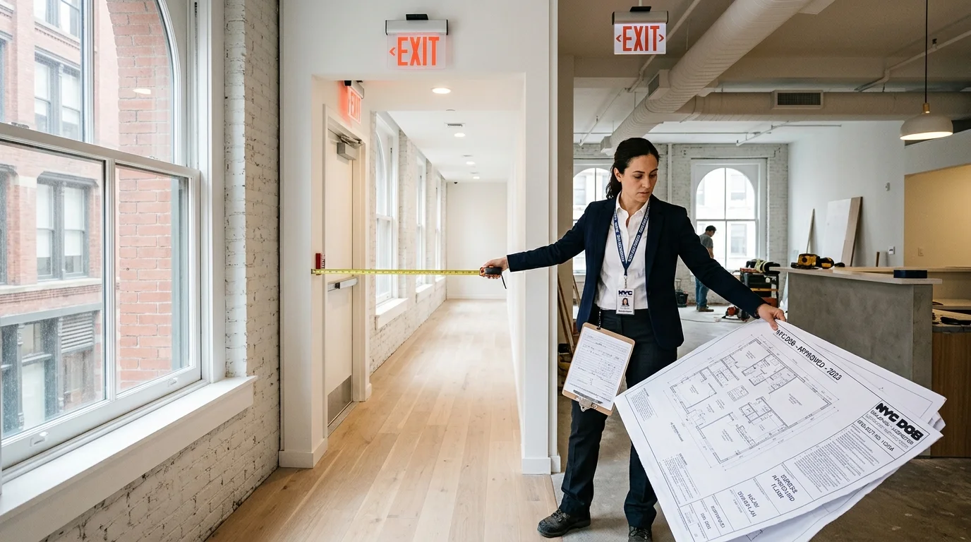 Licensed NYC architect with blueprints measuring egress hallway and checking compliance against approved Department of Buildings drawings