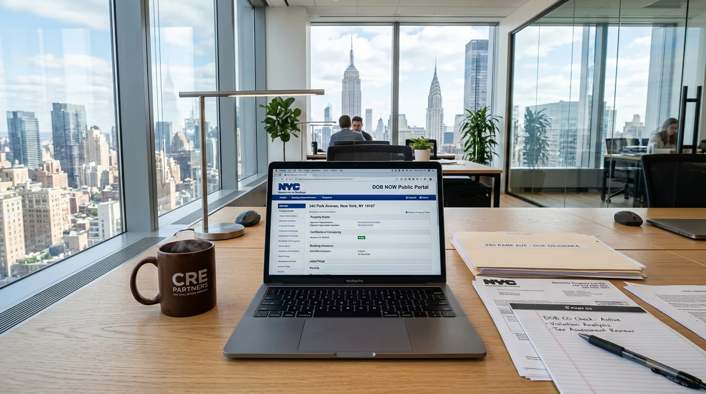 Commercial real estate office with laptop screen accessing NYC DOB NOW Public Portal and BIS records for property Certificate of Occupancy and violations