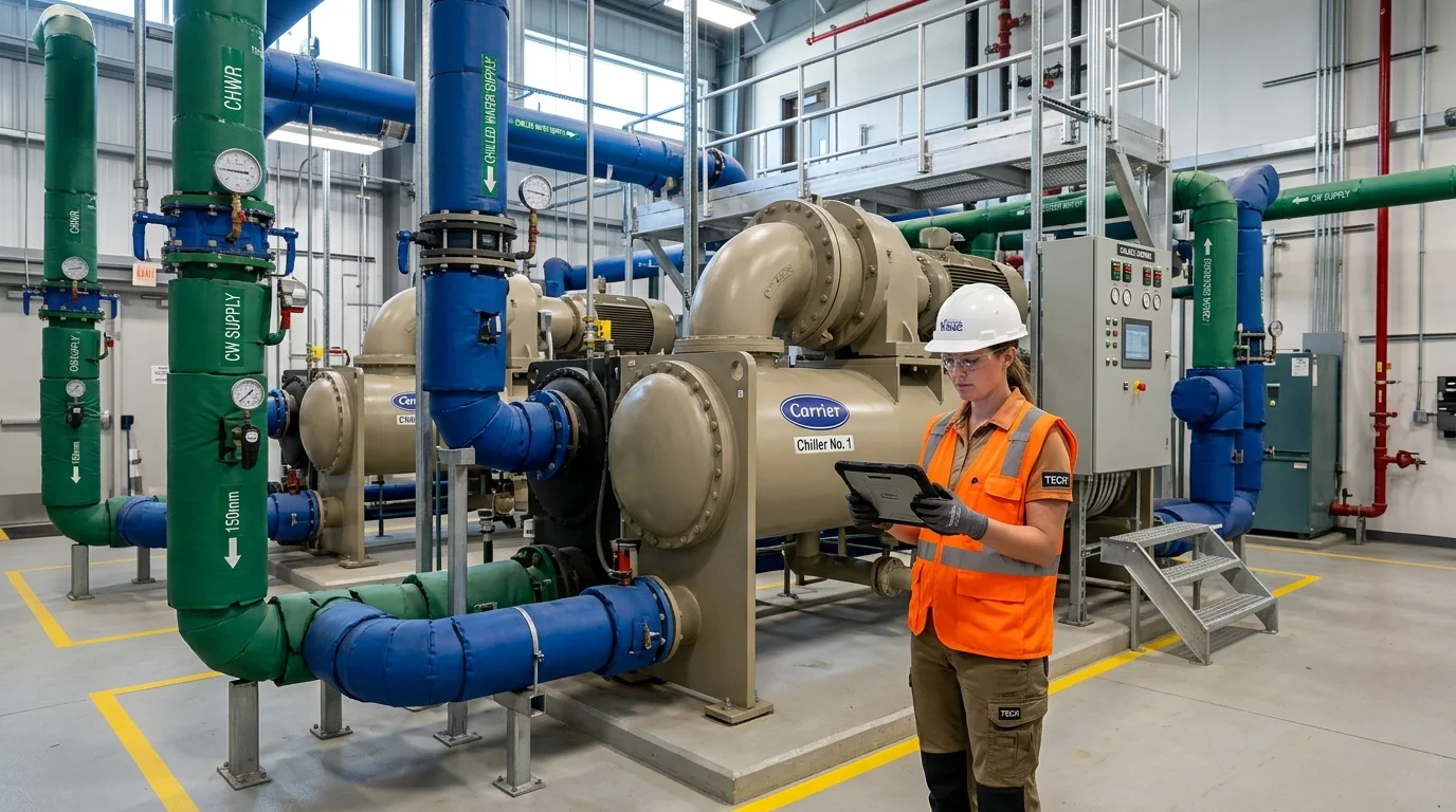 Commercial Mechanical Room with Large Centrifugal Chillers and HVAC Engineer Inspecting System