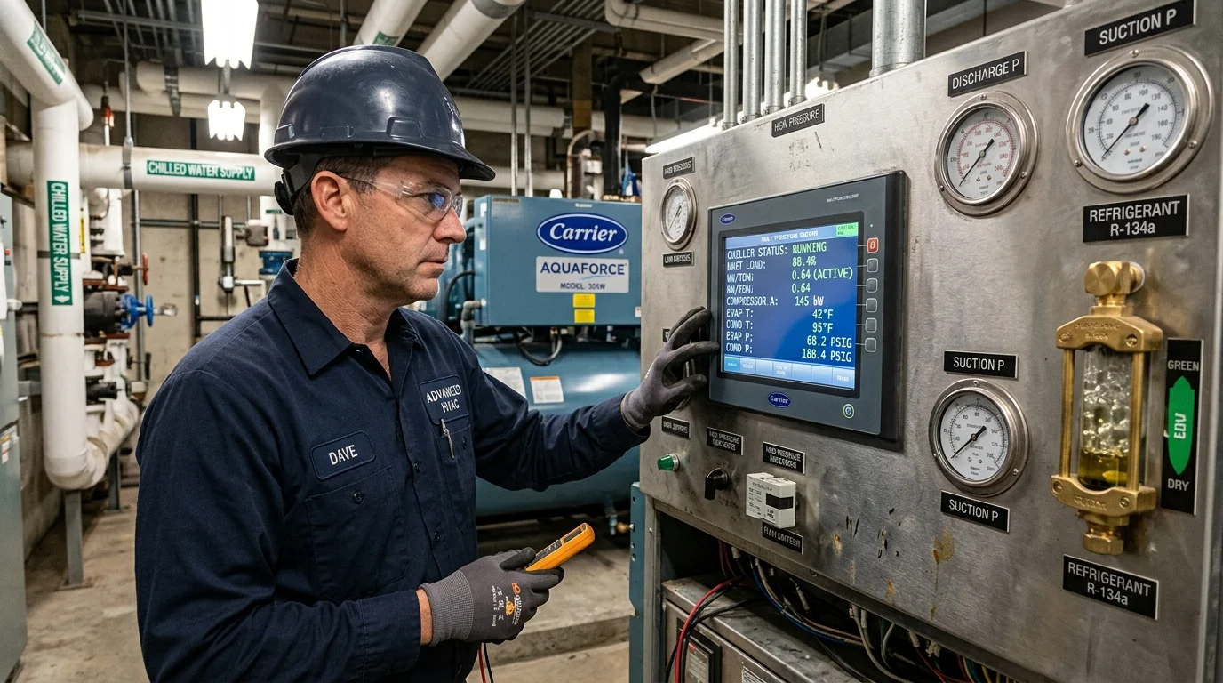 HVAC Technician Monitoring Commercial Chiller Control Panel Readouts and kW per Ton Efficiency