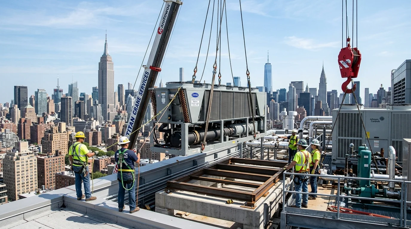Heavy Crane Lifting and Rigging Operation of Commercial Rooftop Chiller in New York City