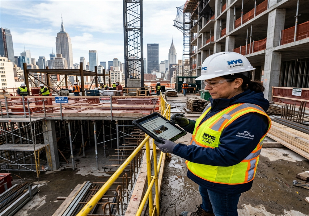 Building compliance manager auditing DOB safety guidelines in New York City