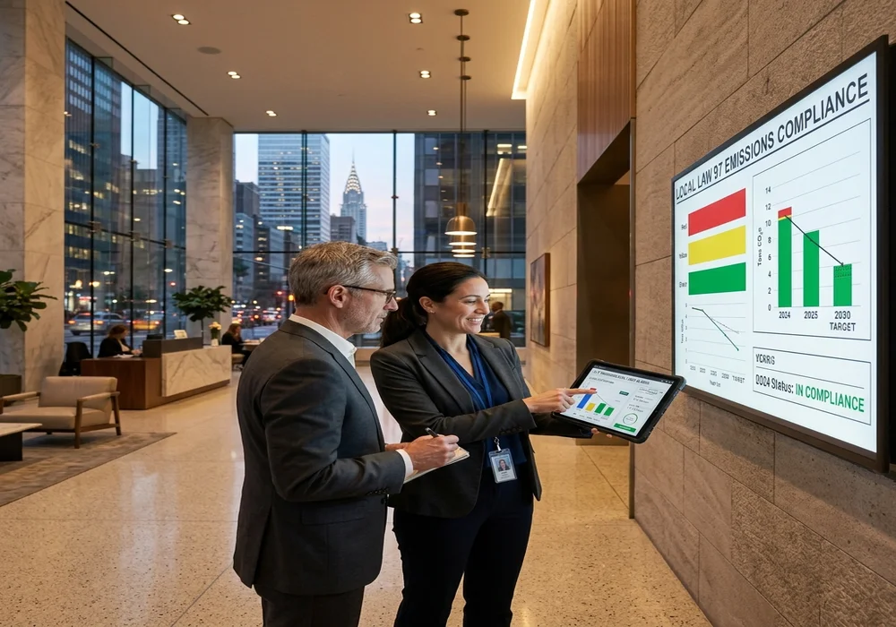 Building energy consultant and property manager reviewing compliance energy charts in NYC lobby