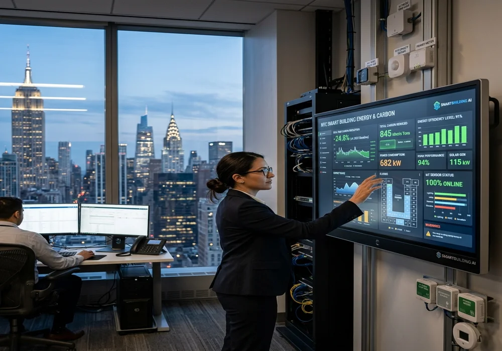 Smart building energy management technology display showing real-time carbon reduction metrics