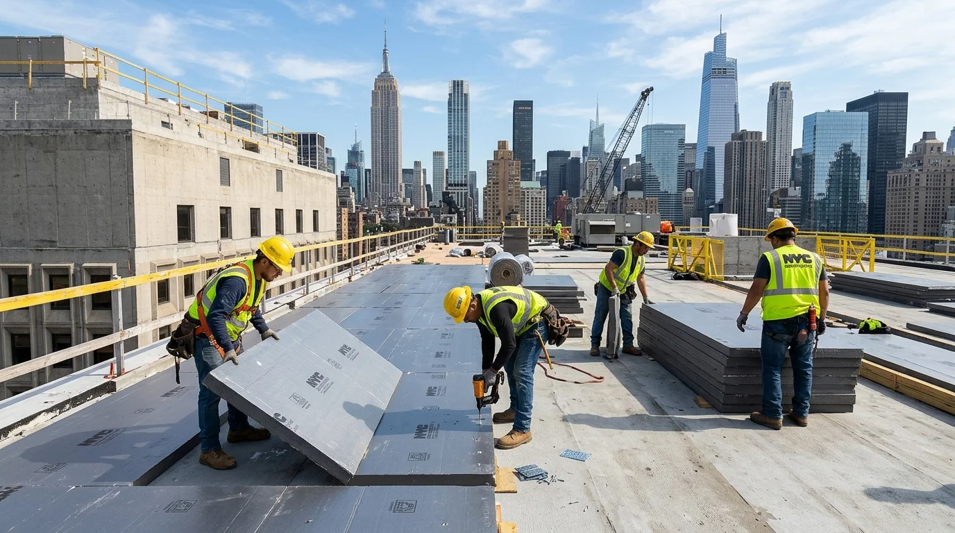 Commercial flat roof continuous polyiso insulation installation with staged insulation boards and workers sealing roof deck joints in NYC
