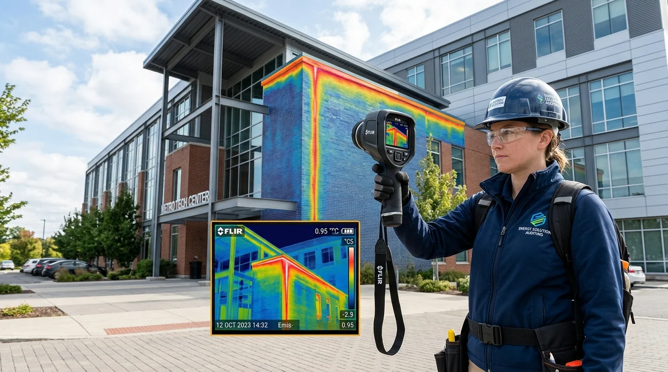 Energy auditor using FLIR thermal imaging camera to detect thermal bridging and insulation gaps at commercial roof parapet