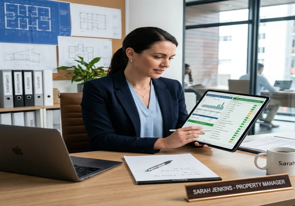 Property manager reviewing boiler inspection documentation and checklists on tablet