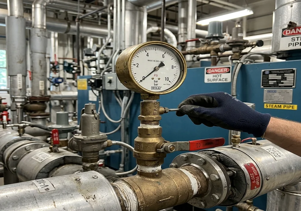 Professional inspector checking boiler pressure gauge and system valves