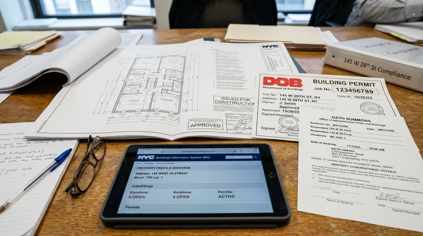 NYC Approved Building Permits, OATH Summons, and BIS Records on Desk