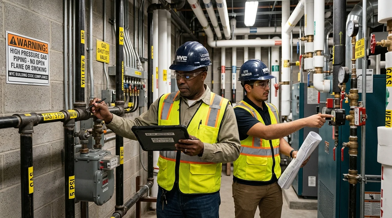 NYC Building Inspector Conducting Physical Verification of Mechanical and Piping Systems