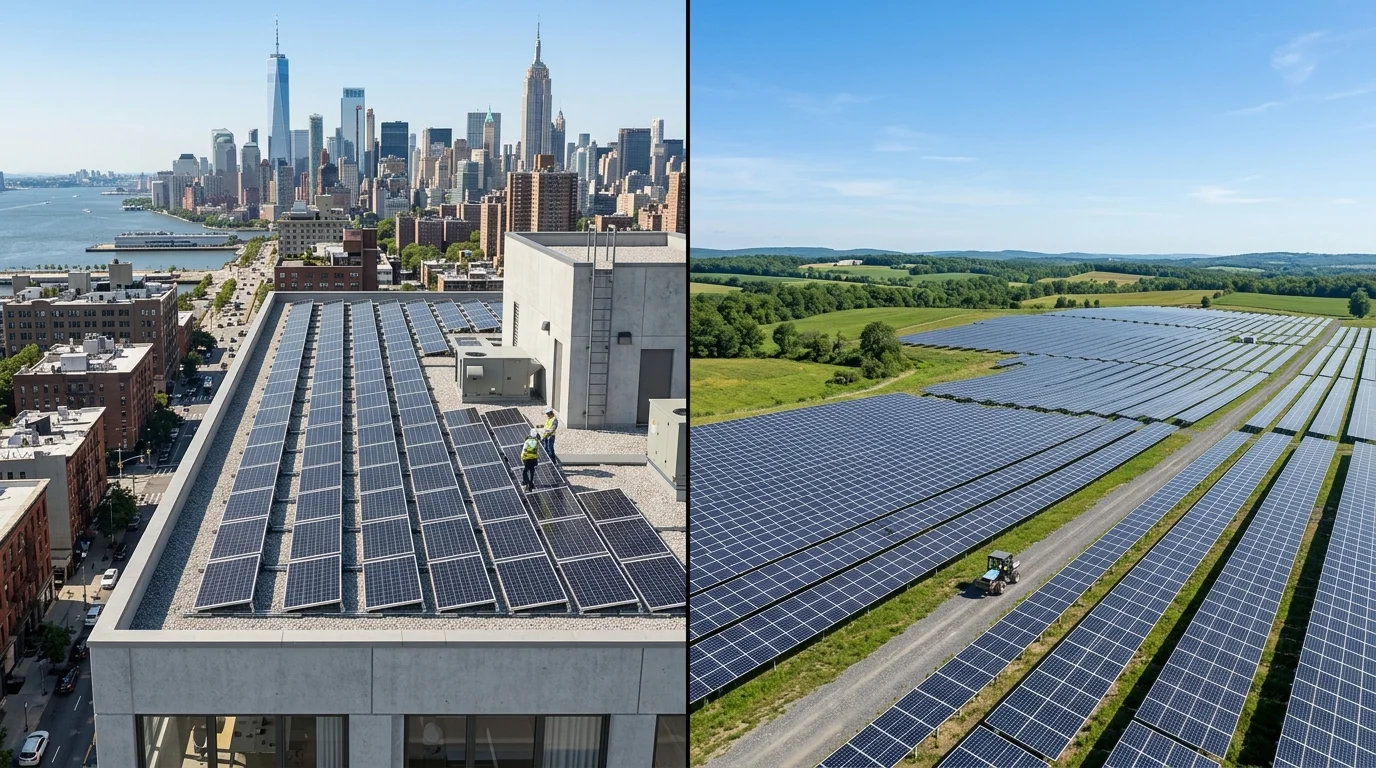 Commercial and Multifamily Rooftop Solar PV Installation Overlooking New York City Skyline