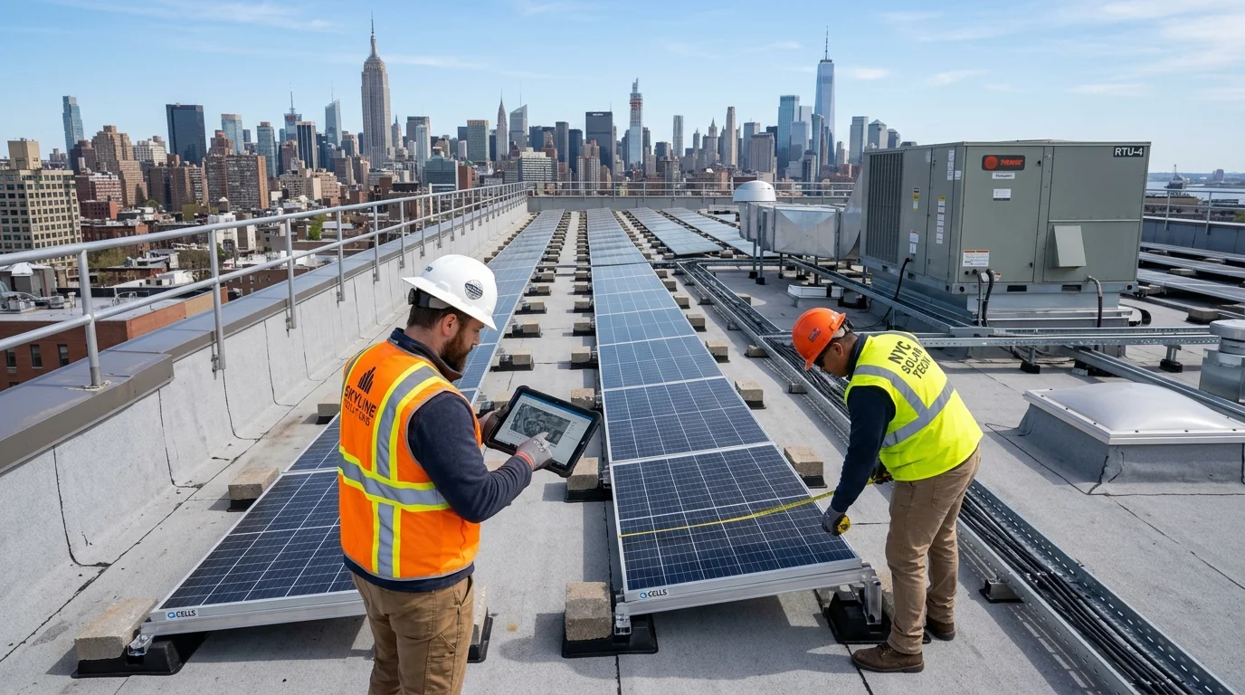 Engineers Inspecting Commercial Roof Membrane and Ballasted Solar PV Racking in New York