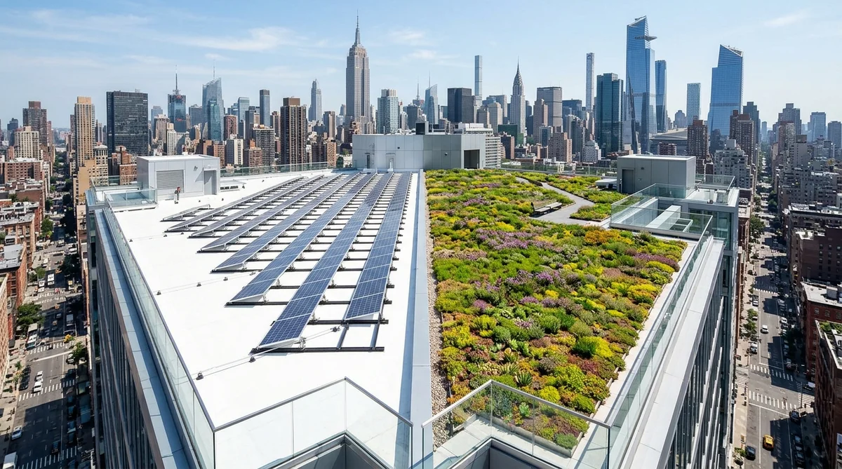 Modern NYC Commercial Building Rooftop Featuring Reflective White Cool Roof Membrane, Solar PV Panels, and Sedum Green Roof Overlooking Manhattan