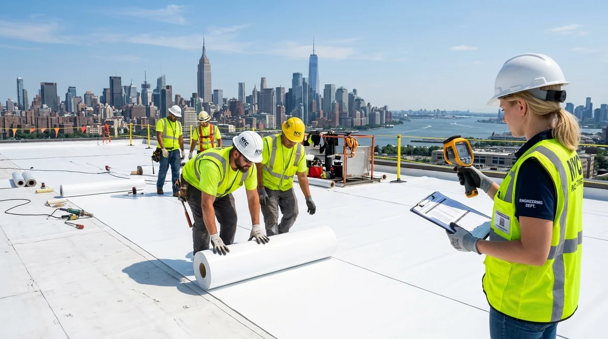 Commercial Roofing Contractors Installing and Inspecting High-Reflectance White Cool Roof Single-Ply Membrane on Flat Commercial Rooftop in NYC