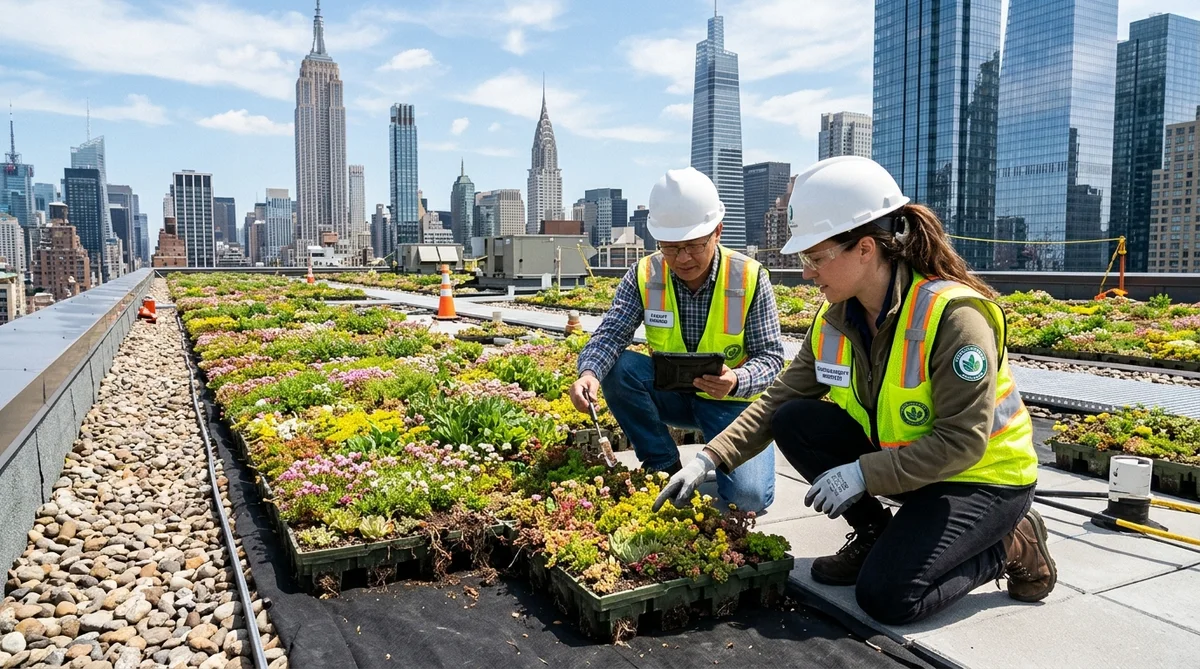 Sustainability Architect and Facility Manager Inspecting Extensive Sedum Green Roof Trays and Edge Drainage on NYC Commercial High-Rise