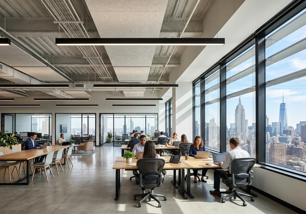 Modern Sunlit Open Plan NYC Commercial Office with High-Performance Windows and Daylighting Design