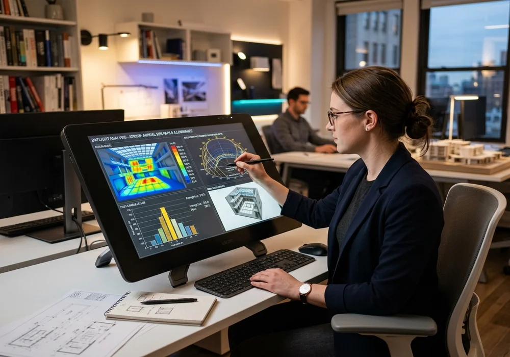 Architectural Lighting Designer Analyzing 3D Daylighting Simulation Heatmaps and Lux Level Calculations