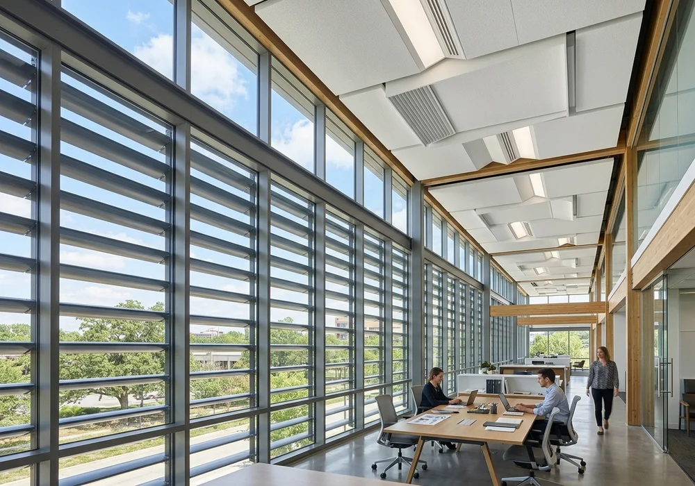 Automated Exterior Sun Louvers and Clerestory Ribbon Windows Providing Glare-Free Natural Light