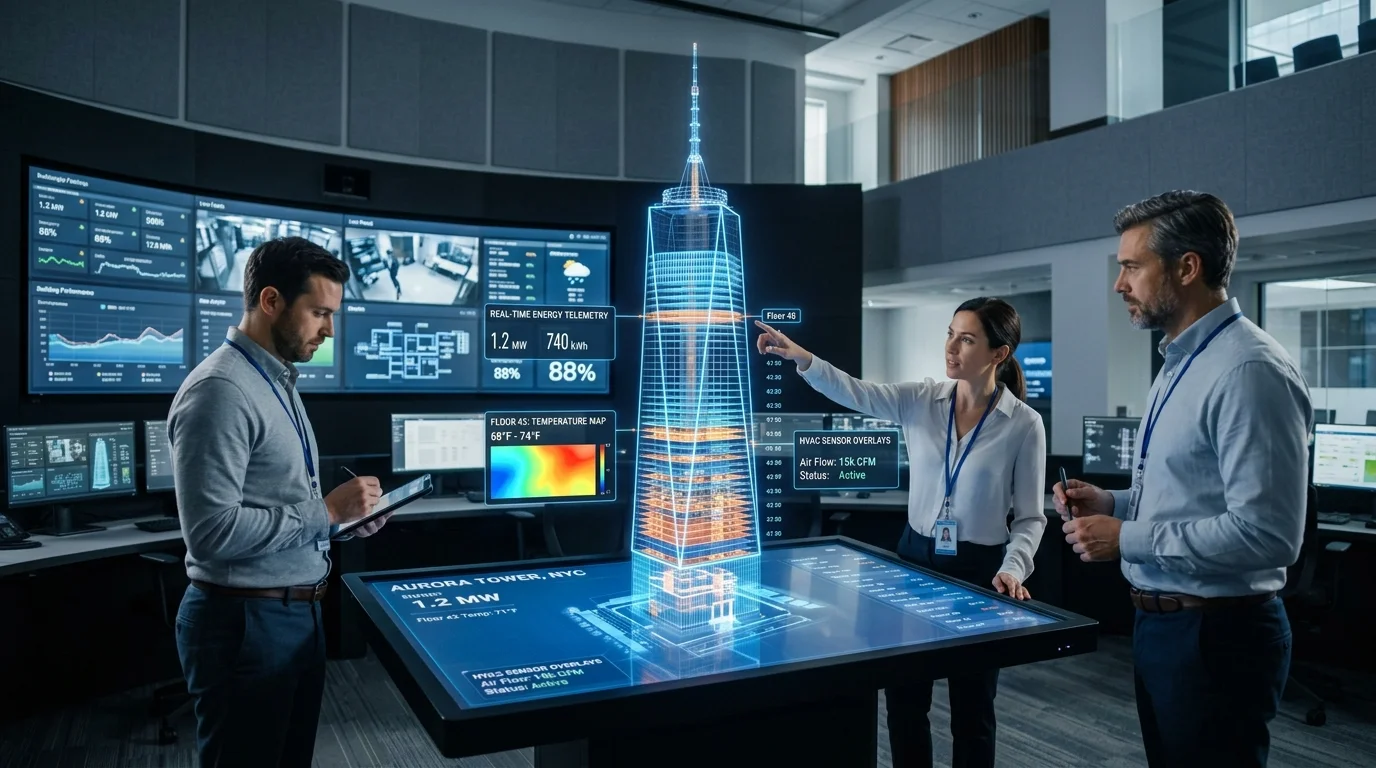 Commercial Building Operations Command Center Interacting with Digital Twin 3D Holographic Model
