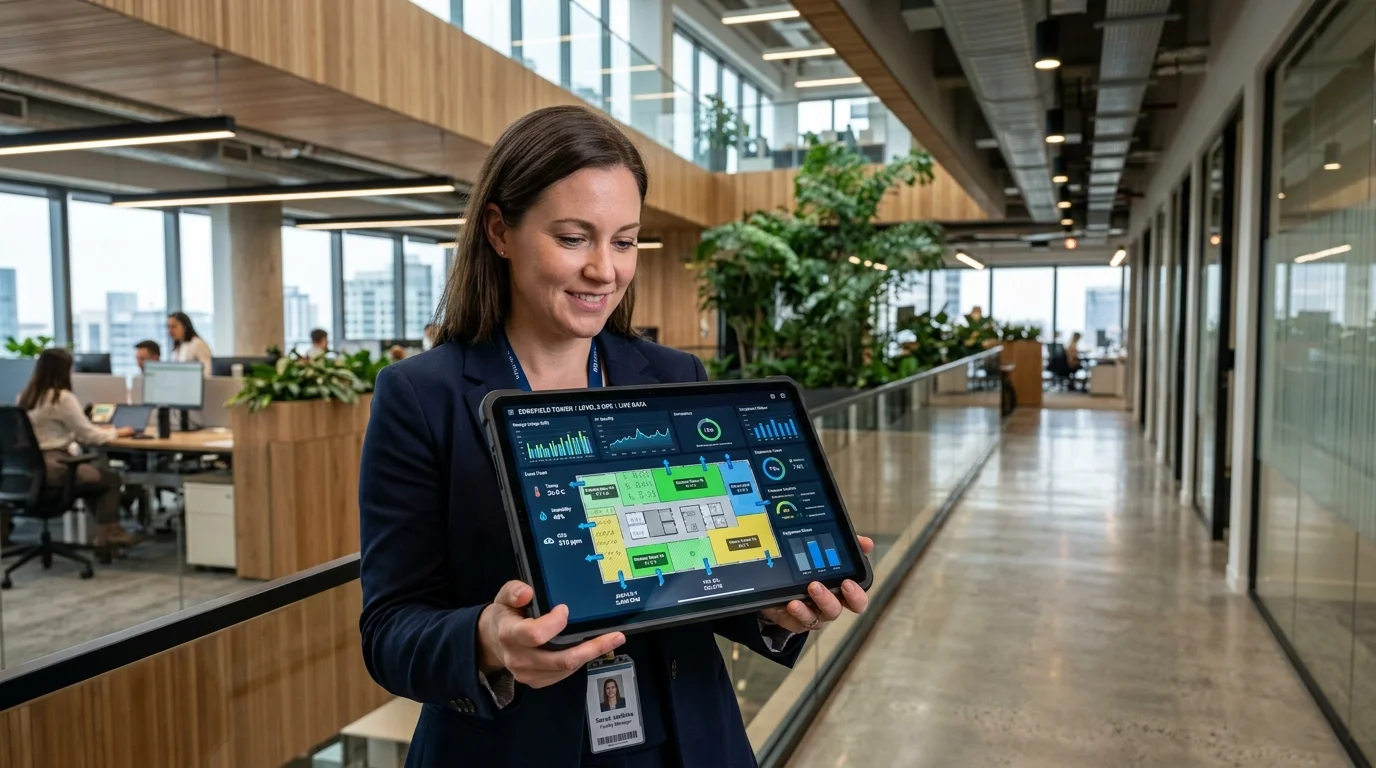 Facility Operations Manager Interacting with Live Sensor Telemetry on a 3D Building Digital Twin Dashboard