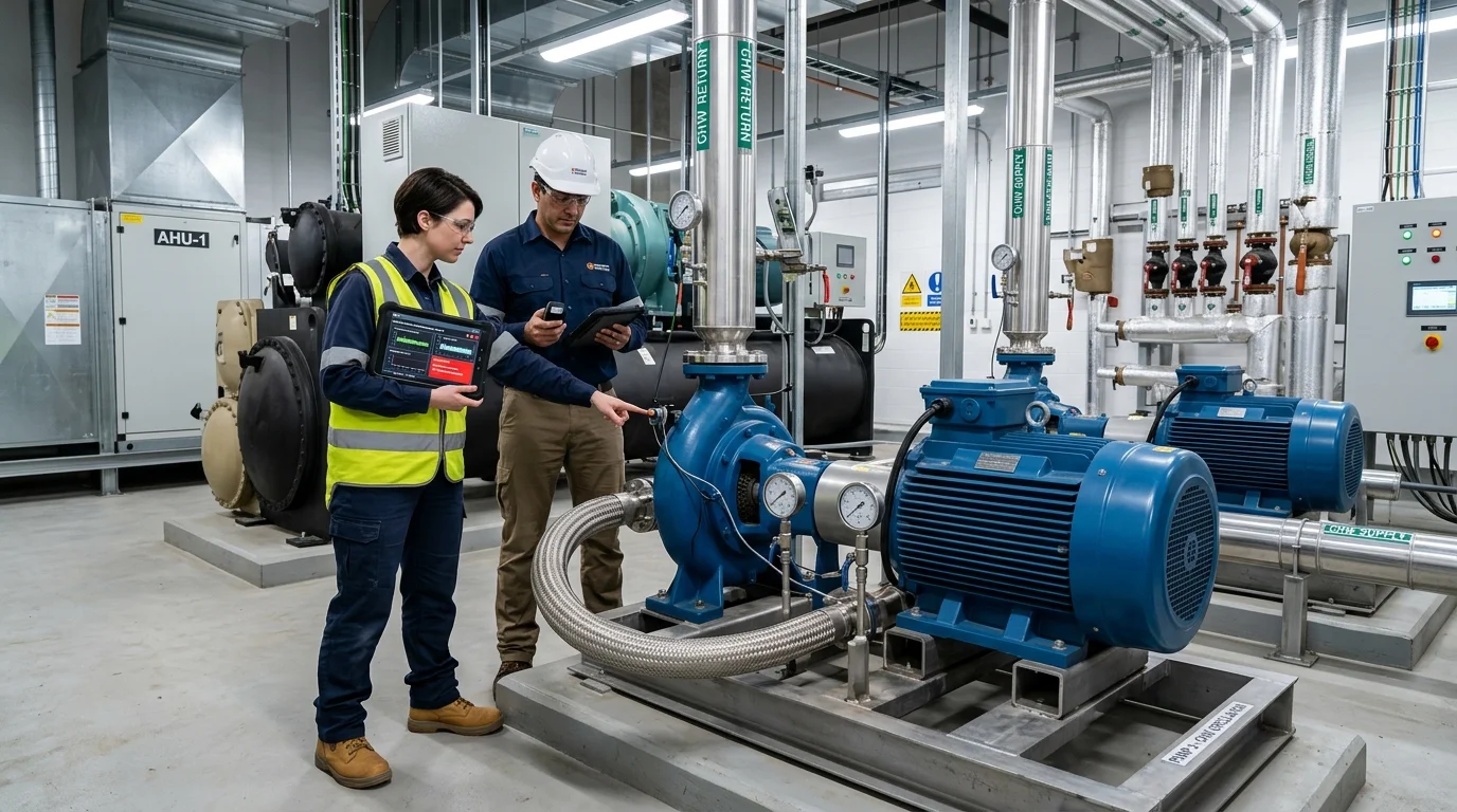 Operations Technician Inspecting Commercial HVAC Pump with Predictive Maintenance Anomaly Analytics