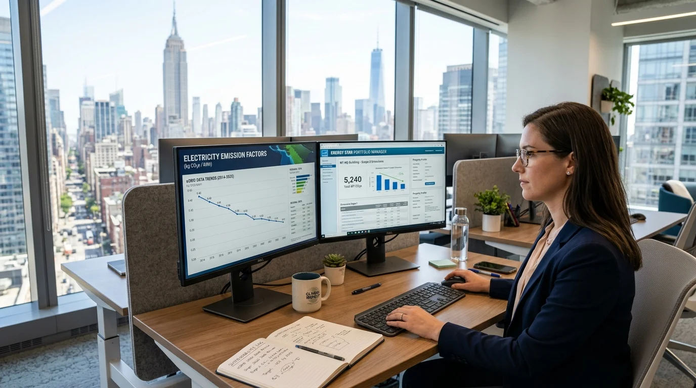 Sustainability Analyst Reviewing Electricity Emission Factors and Carbon Reduction Trends on Multi-Monitor Workstation