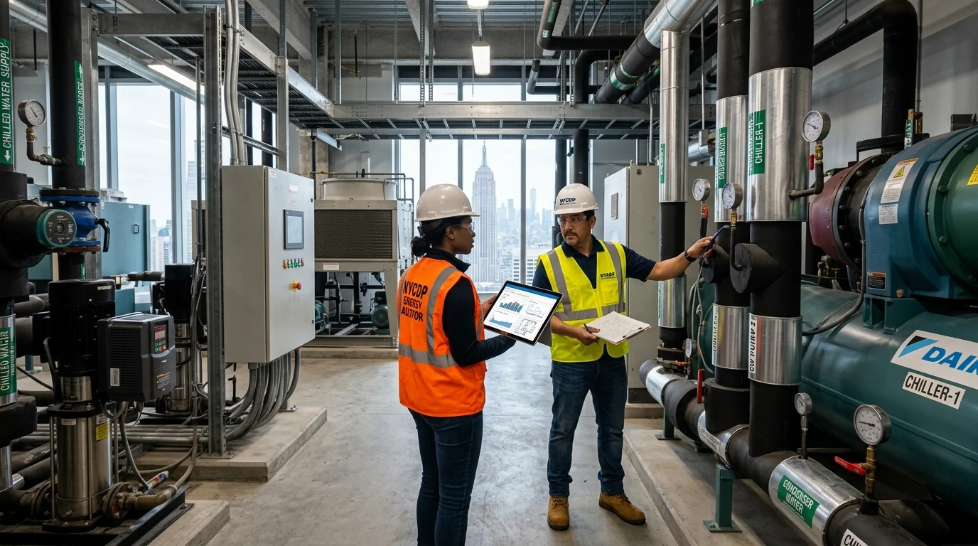 Commercial Energy Auditor Engineers Inspecting Central Chiller Plant in NYC Office Tower