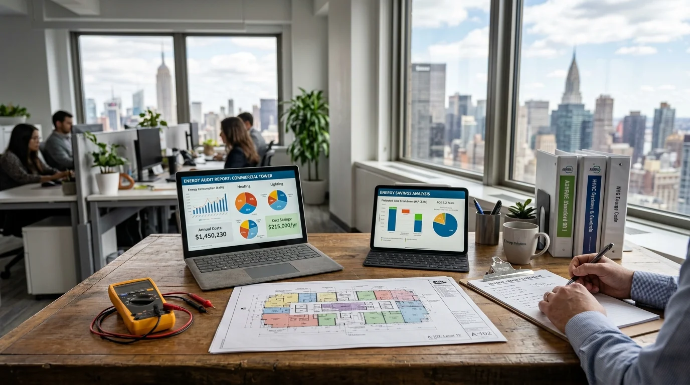 Commercial Energy Audit Cost Analysis, Building Blueprints, and ASHRAE Level II Documentation on Consultant Desk