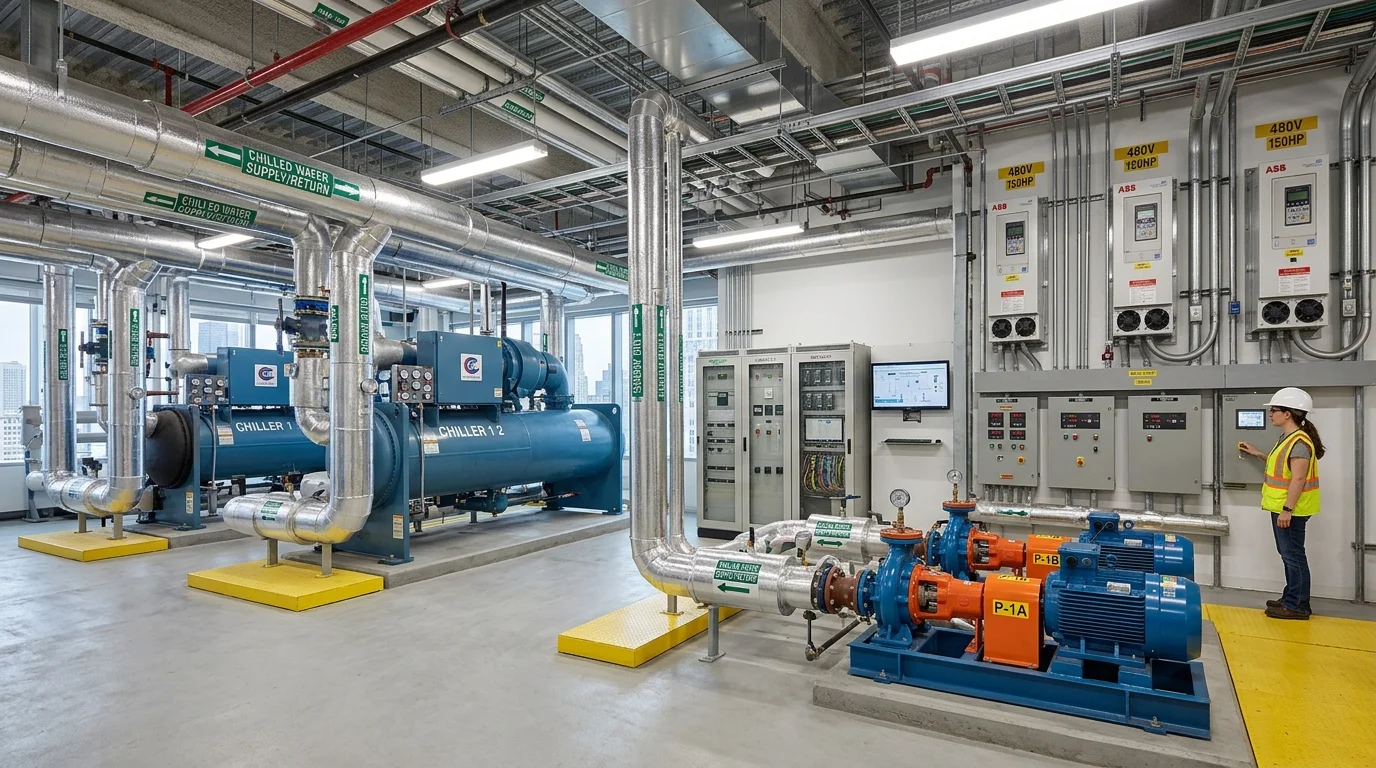 Complex Commercial HVAC Mechanical Room with Chillers, Pumps, and Control Panels Driving Energy Audit Scope