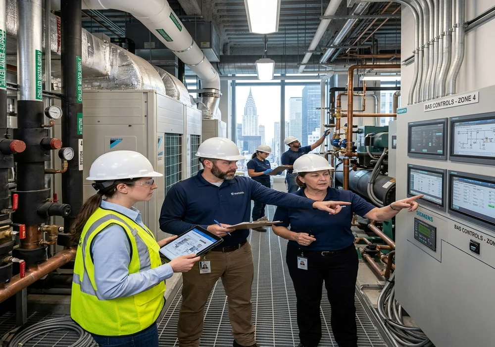 Engineers inspecting high-efficiency HVAC equipment and smart building automation controls