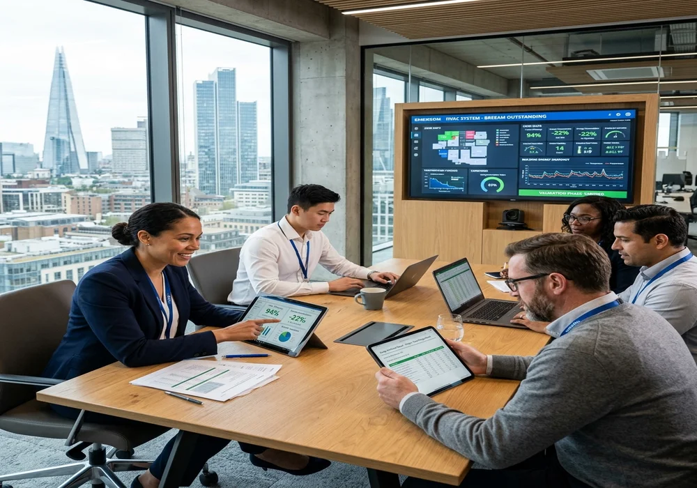 Project team reviewing digital building energy performance verification reports on tablet