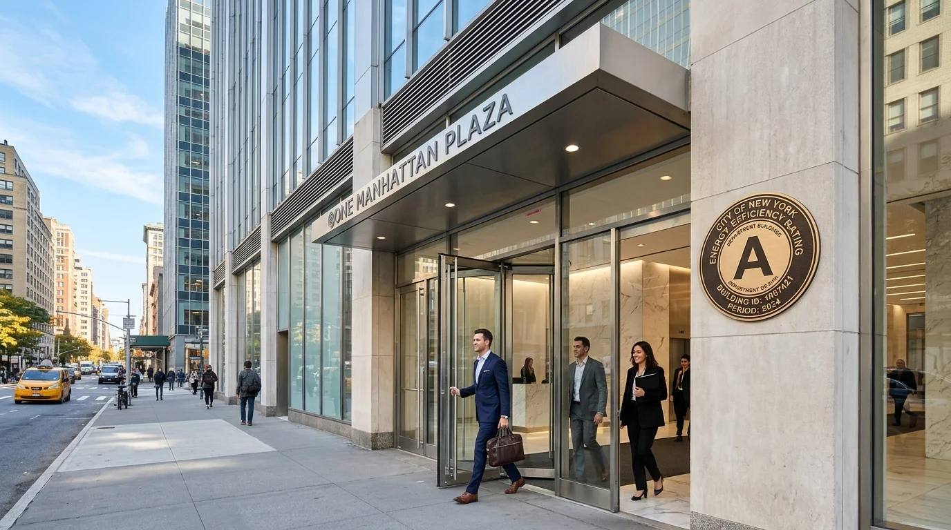 Modern commercial building entrance in NYC with an official energy rating plaque displaying an A grade beside the entrance doors