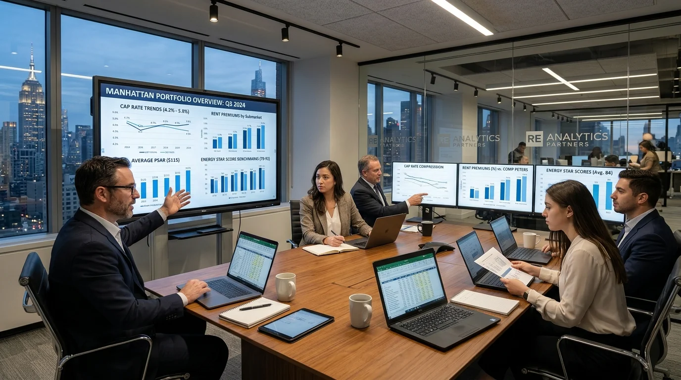 Commercial real estate analysts reviewing property valuation metrics, rent premiums, and ENERGY STAR benchmarks on multi-monitor dashboard