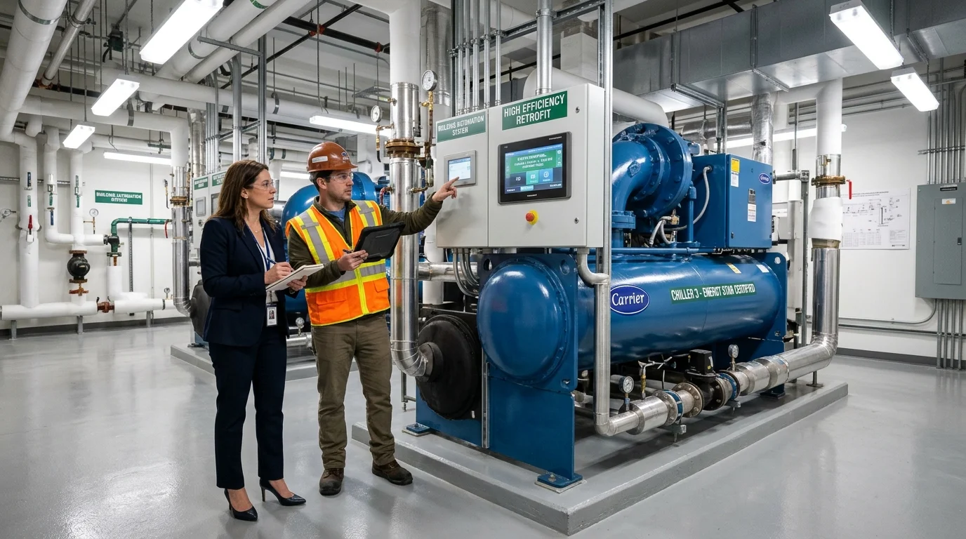 Energy engineer and property manager conducting an on-site building retrofit evaluation in an upgraded mechanical room