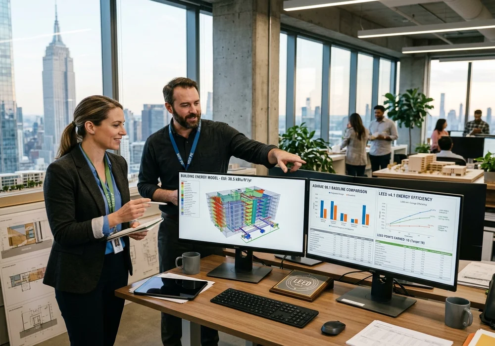 LEED AP Consultant and Energy Modeling Engineer Analyzing ASHRAE 90.1 Whole Building Energy Simulation in NYC Design Studio