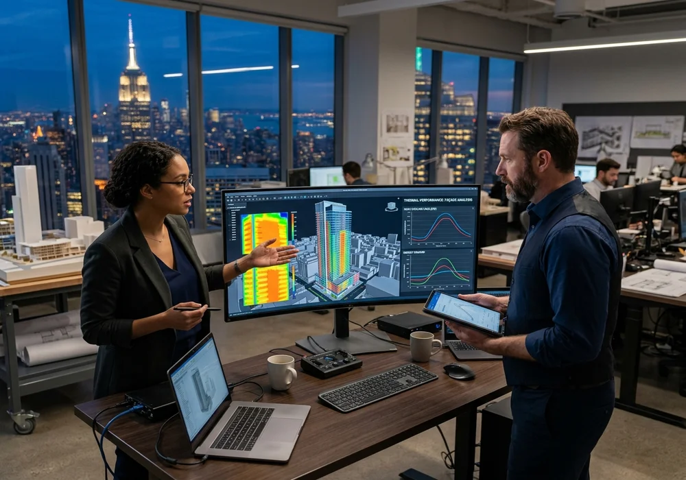 Architects and Engineers Analyzing 3D Building Energy Modeling Simulation in New York City
