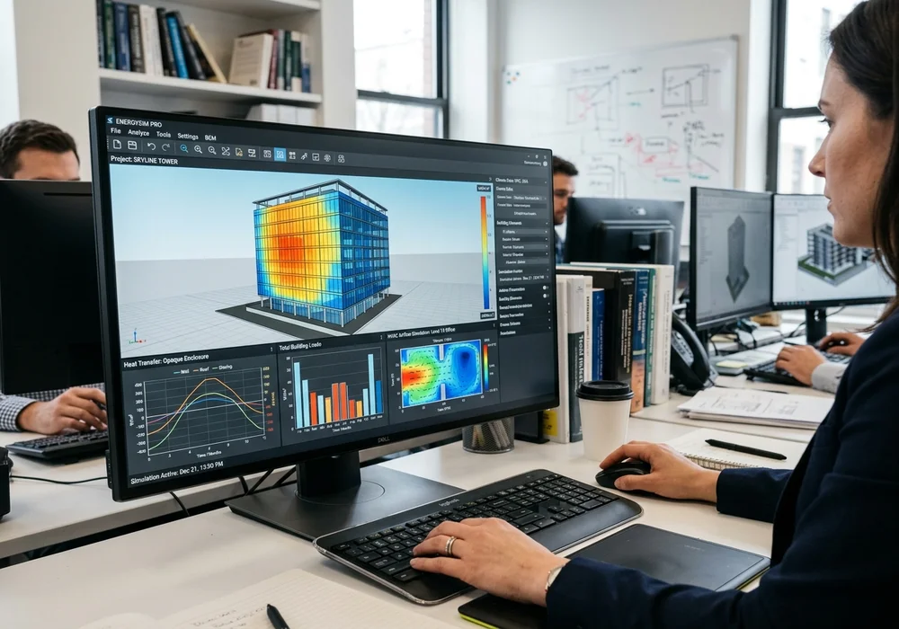 3D Building Energy Modeling Interface Displaying Envelope Heat Transfer and HVAC Airflow