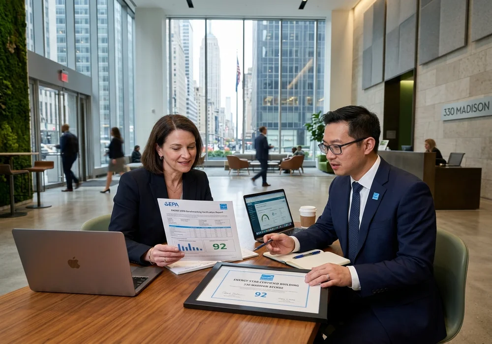 NYC Building Owner and Energy Efficiency Consultant Reviewing EPA ENERGY STAR Benchmarking Report and Compliance Certificate
