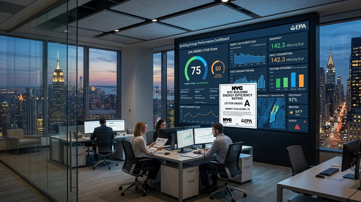 EPA ENERGY STAR Score Dashboard Showing 75 vs 50 Benchmark Comparison in NYC Commercial Office