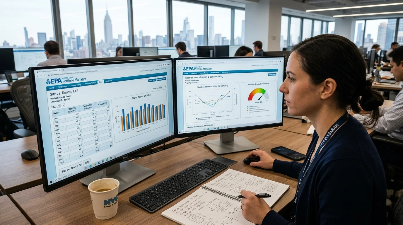 Energy Manager Analyzing Site vs Source EUI and Portfolio Manager Benchmarks on Dual Monitors