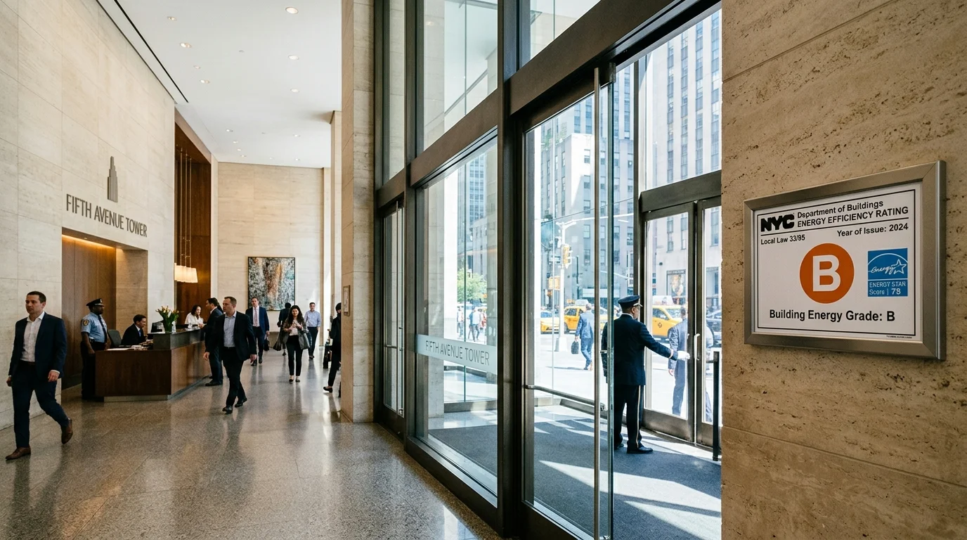 NYC Commercial Office Building Entrance with Local Law 33/95 Energy Efficiency Rating Grade B Plaque
