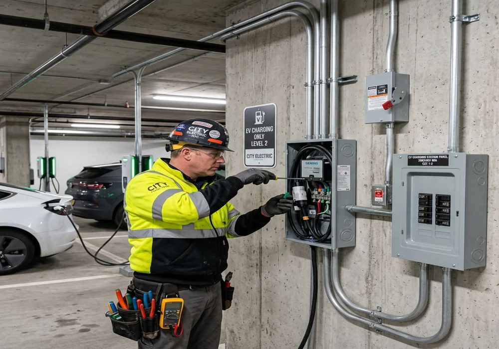 Electrician installing Level 2 EV charging station infrastructure in NYC building