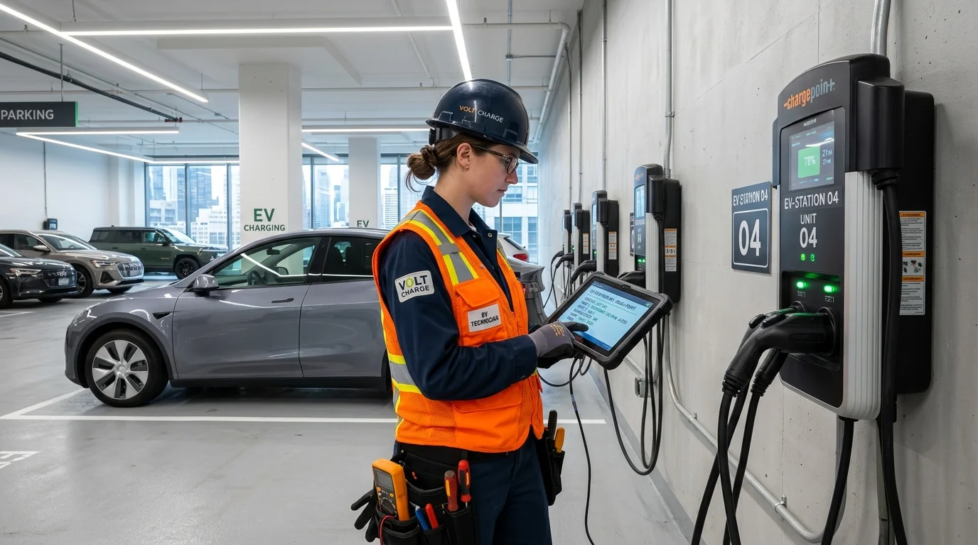 Electrical Technician Inspecting and Maintaining Commercial EV Charging Stations in NYC Garage