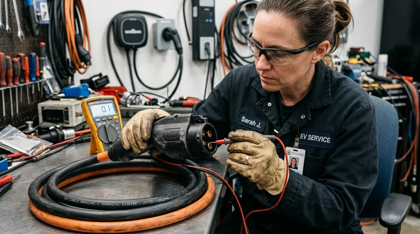 Electrical Technician Inspecting Heavy-Duty EV Charging Cable and Connector with Multimeter