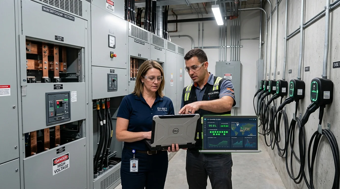 Facility Manager and Electrical Engineer Reviewing Networked EV Charging Software Dashboard