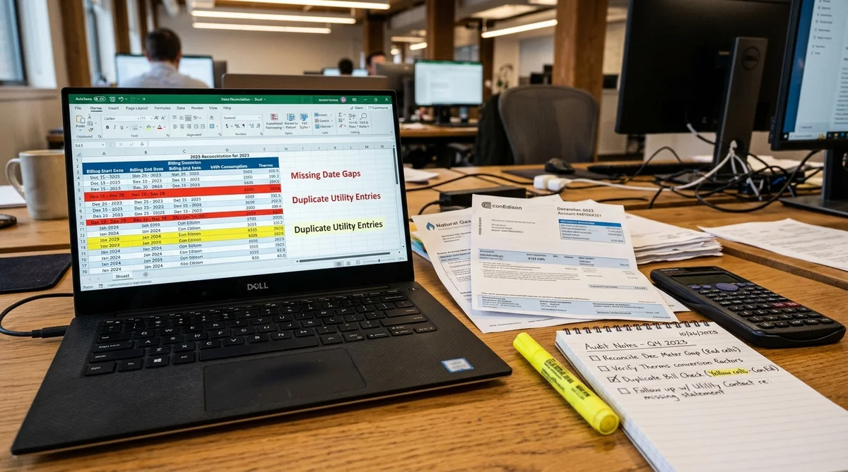 Energy Analyst Desk with Con Edison Utility Bills, Laptop Displaying Energy Benchmarking Spreadsheets and Date Reconciliation Tables