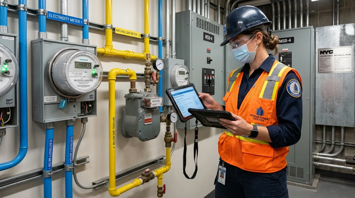 Building Facilities Engineer Inspecting Commercial Electric and Gas Meter Room in NYC Commercial Building with Digital Tablet