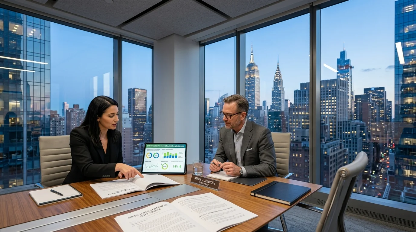 NYC Commercial Real Estate Landlord and Tenant Reviewing Green Lease Agreement and Energy Cost Sharing on iPad