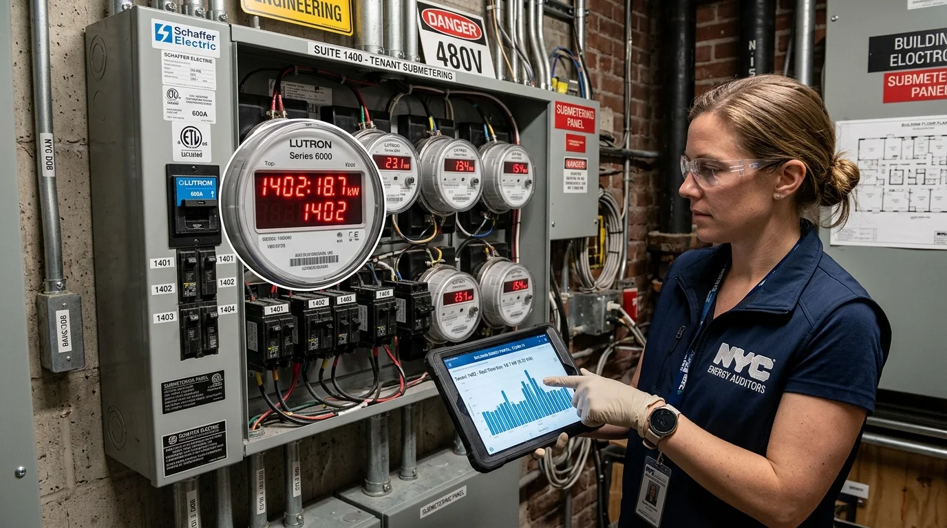 Energy Auditor Inspecting Commercial Multi-Tenant Electrical Submeter Panel with Digital Tablet in NYC Office Building