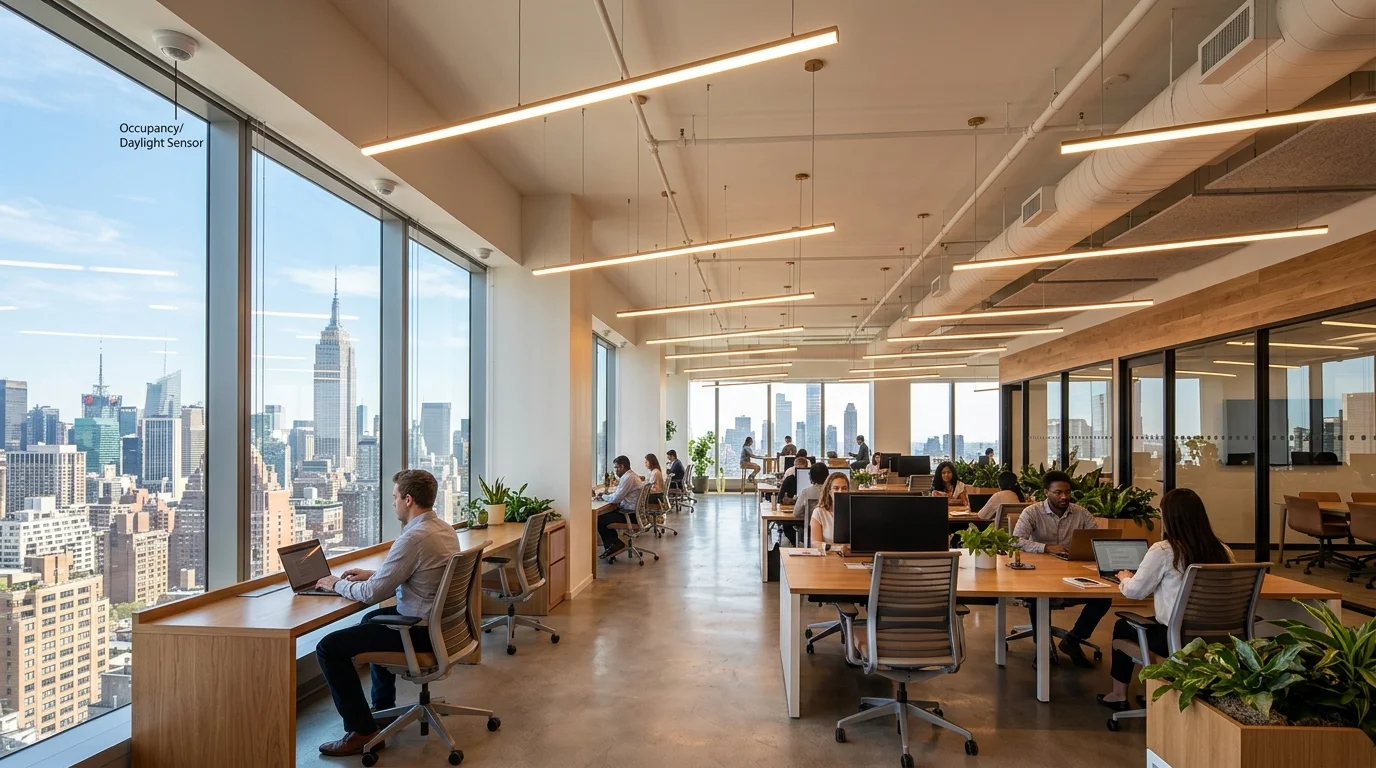 Modern Open Commercial Office Floor with Automated Daylight Sensors and Energy Efficient LED Pendant Lighting in NYC High-Rise